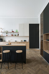 New wooden furniture in modern kitchen interior
