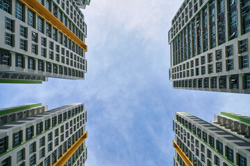 Low angle view of public housing HDB resident buildings/ flats complex in Singapore