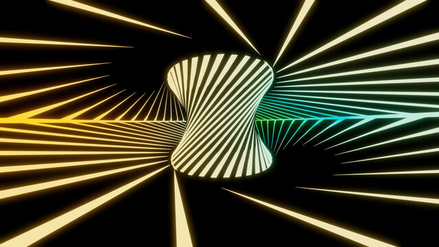 A huge luminous spring.Design. A bright futage on which a large spring is spinning with illuminated rays around in abstraction.