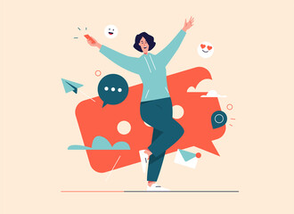 Vector illustration of laughing cheerful young woman with smartphone. Editable stroke