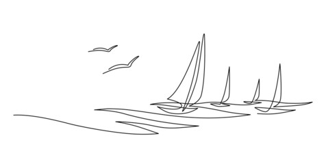 Yachts on sea waves. Seagull in the sky. Draw one continuous line. Vector illustration. Isolated on white background - 499277377
