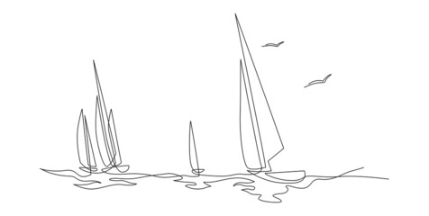 Yachts on sea waves. Seagull in the sky. Draw one continuous line. Vector illustration. Isolated on white background - 499277378