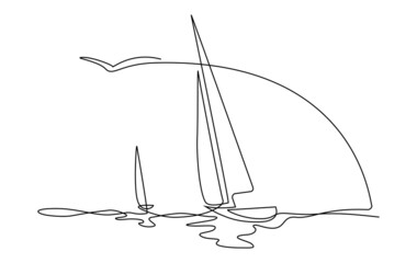 Yachts on sea waves. Seagull in the sky. Draw one continuous line. Vector illustration. Isolated on white background