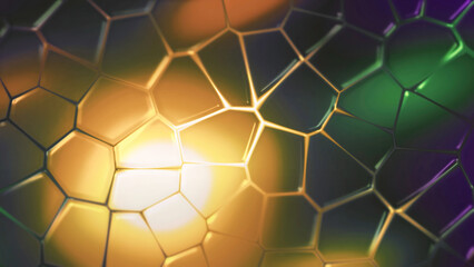 Abstract digital futuristic surface with transforming hexagons. Motion. Yellow glowing circle surrounded by green and purple flares with spinning hexagons.