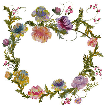 Circle of flowers and berries  hand-drawn with Floral Ukrainian style of Petrykivka painting. Ukrainian decor on isolated white background, can be used for postcards, boxes, clothes and accessories