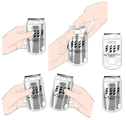 缶ビールを持つ、乾杯する、空けるリアルな手のイラスト