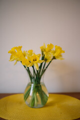 yellow spring daffodils in a vase placed in the living room as a decoration