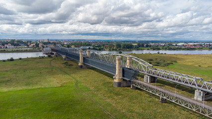 Fototapeta na wymiar Drone aerial view on historical part of Tczew bridge in Poland.