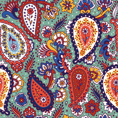 Colorful paisley print. Abstract psychedelic Buta seamless pattern . Traditional Indian boteh ornamental textile design. Hand drawn vector background.