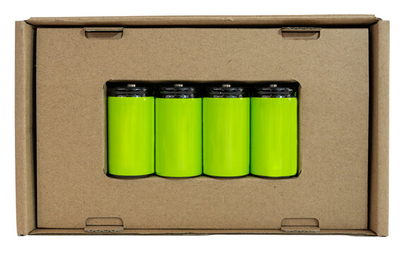 Four Rechargeable D Size Batteries In A Cardboard Box.