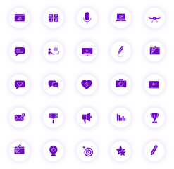blog purple color vector icons on light round buttons with purple shadow. blog icon set for web, mobile apps, ui design and print