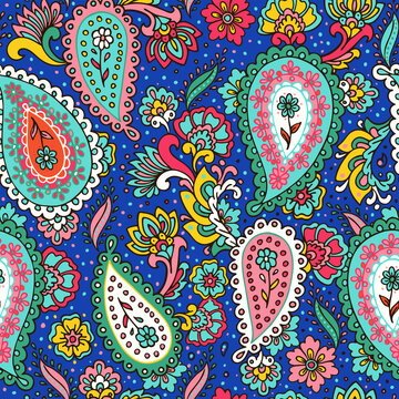 Colorful paisley print. Abstract psychedelic Buta seamless pattern . Traditional Indian boteh ornamental textile design. Hand drawn vector background.