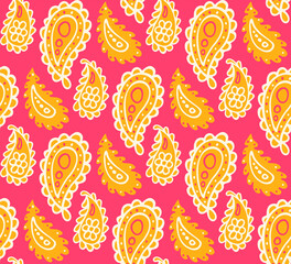 Colorful paisley print. Abstract psychedelic Buta seamless pattern . Traditional Indian boteh ornamental textile design. Hand drawn vector background.