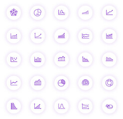 chart purple color outline icons on light round buttons with purple shadow. chart icon set for web, mobile apps, ui design and print