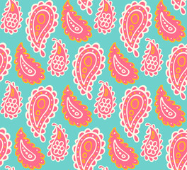 Colorful paisley print. Abstract psychedelic Buta seamless pattern . Traditional Indian boteh ornamental textile design. Hand drawn vector background.