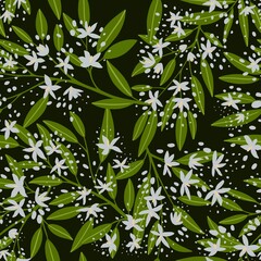 Seamless pattern of white flowers and green leaves on a dark background. Design for textile, wallpaper, paper.