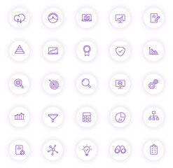 data analytics purple color outline icons on light round buttons with purple shadow. data analytics icon set for web, mobile apps, ui design and print