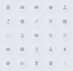 education gray vector icons on round rubber buttons. education icon set for web, mobile apps, ui design and promo business polygraphy