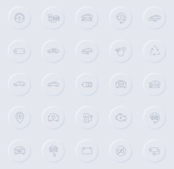 electro car line gray icons on round rubber buttons. electro car icon set for web, mobile apps, ui design and promo business polygraphy
