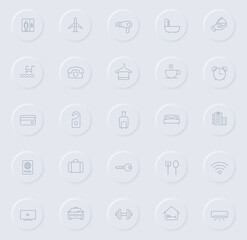 hotel line gray icons on round rubber buttons. hotel icon set for web, mobile apps, ui design and promo business polygraphy