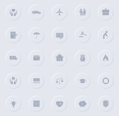 insurance gray vector icons on round rubber buttons. insurance icon set for web, mobile apps, ui design and promo business polygraphy
