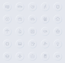 insurance line gray icons on round rubber buttons. insurance icon set for web, mobile apps, ui design and promo business polygraphy
