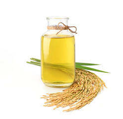 Rice bran oil with rice ears and leaves  isolated on white background.