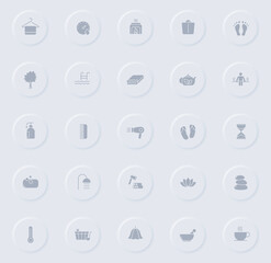 sauna gray vector icons on round rubber buttons. sauna icon set for web, mobile apps, ui design and promo business polygraphy