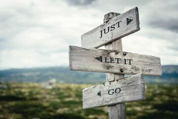 just let it go text quote written in wooden signpost outdoors in nature. Moody theme feeling.