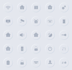 smart home gray vector icons on round rubber buttons. smart home icon set for web, mobile apps, ui design and promo business polygraphy