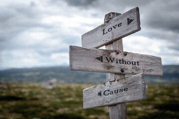 love without cause text quote written in wooden signpost outdoors in nature. Moody theme feeling.