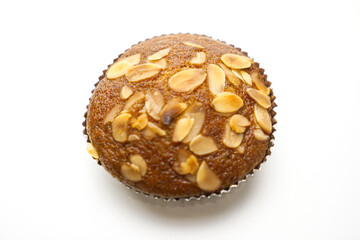 Cup cake banana with almond on isolated white background