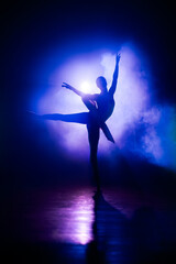 Silhouette of ballerina in studio with violet neon colorful light. Young woman dancing in classic...