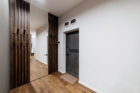 Interior design with mirrored doors and natural wood