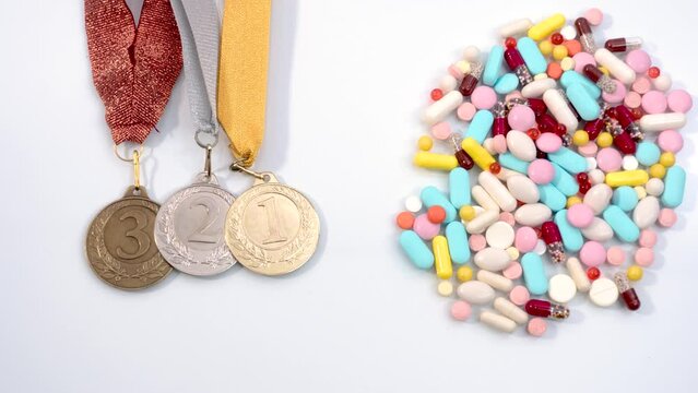 Stop motion animation of gold, silver and bronze medals on ribbons and a bunch of colorful pills and capsules. The concept of doping, stimulants, medicines, drugs to get victory, win, championship.