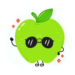 Cute happy green apple. Vector hand drawn doodle style cartoon character illustration icon design. Card with cute happy green apple