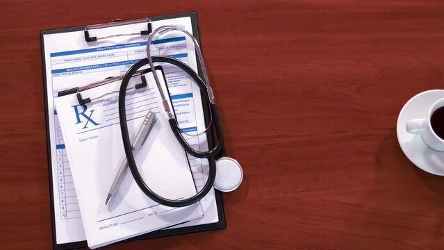 Stop motion animation of a doctor's workplace with a clipboard, prescription forms, a pen, a stethoscope and a cup of coffee.