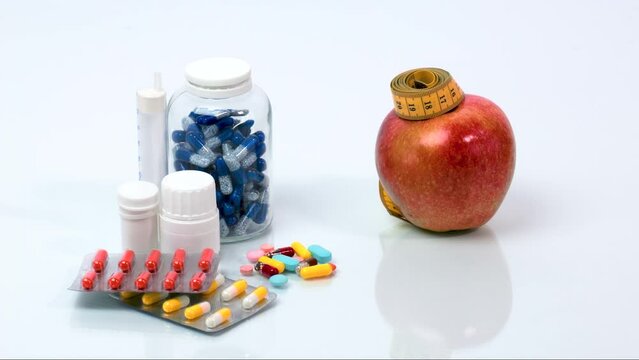 Jars and blisters with pills, capsules, syringe, medicines, an apple and a measuring tape. The concept of vitamins, dietary supplements, health support. Stop motion animation.