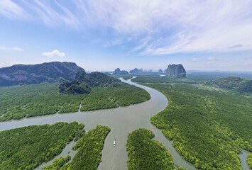 Aerial view drone shot of beautiful nature landscape forest in the morning Drone flying over sea and mangrove forest Landscape High angle view. Dynamic aerial shot Amazing nature panorama view