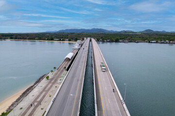 Aerial view of Sarasin bridge road transportation background concept The bridge is a between Phang Nga and Phuket island Thailand The bridge is the most important in making business and transportation