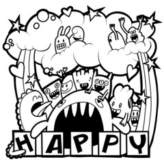 doodle hand drawn  white and black illustration monster in cartoon