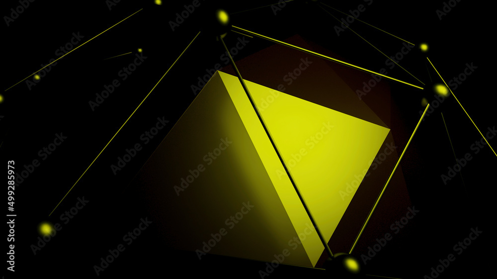Poster black background.design. a dark green cube in 3d on top trimmed with lines and circles in abstractio