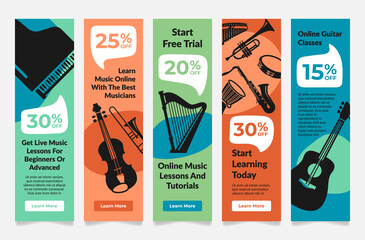 Collection online music lessons and tutorials vertical landing page vector illustration