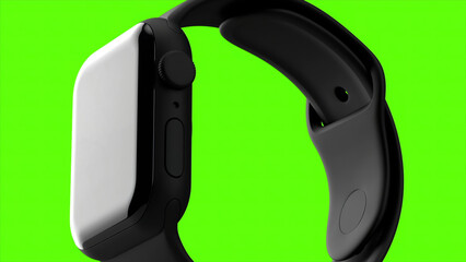 Green bright background. Motion. Apple watches in black that are buttoned are made in abstraction.