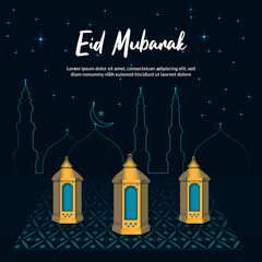 Eid Mubarak festival greeting lamps and Islamic architecture