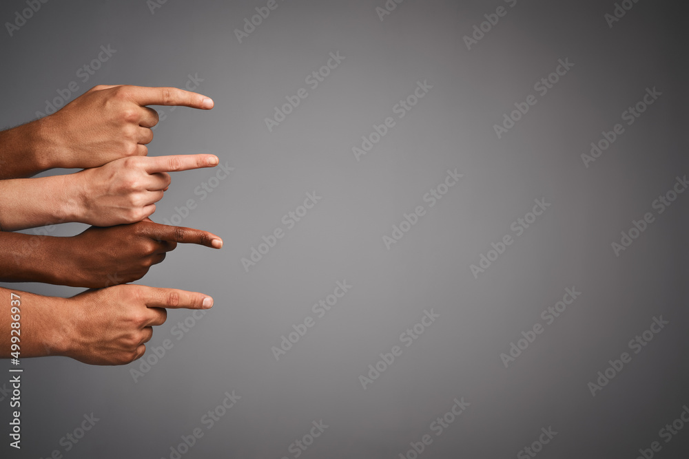 Poster Thats the way. Studio shot of unidentifiable hands pointing sideways towards blank copyspace.