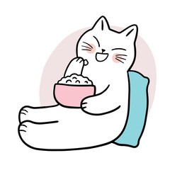 Cartoon cute cat eat popcorn vector.