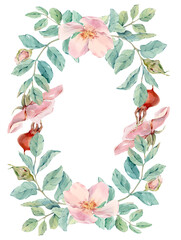 Fototapeta premium Floral frame of green leaves, rose buds, flowers and rose hips. Hand drawn in watercolor, isolated on a white background. For wedding invitations, cards and other design