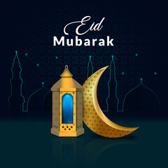 Eid Mubarak festival greeting lamps and Islamic architecture