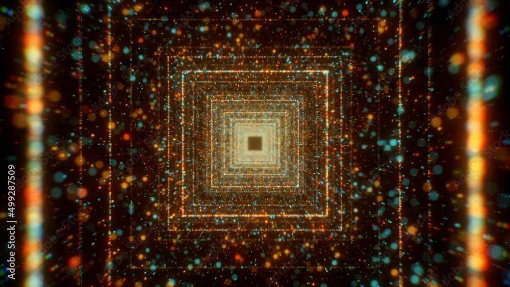 Poster abstract background with flying into digital tunnel of flickering particles, seamless loop. motion. 